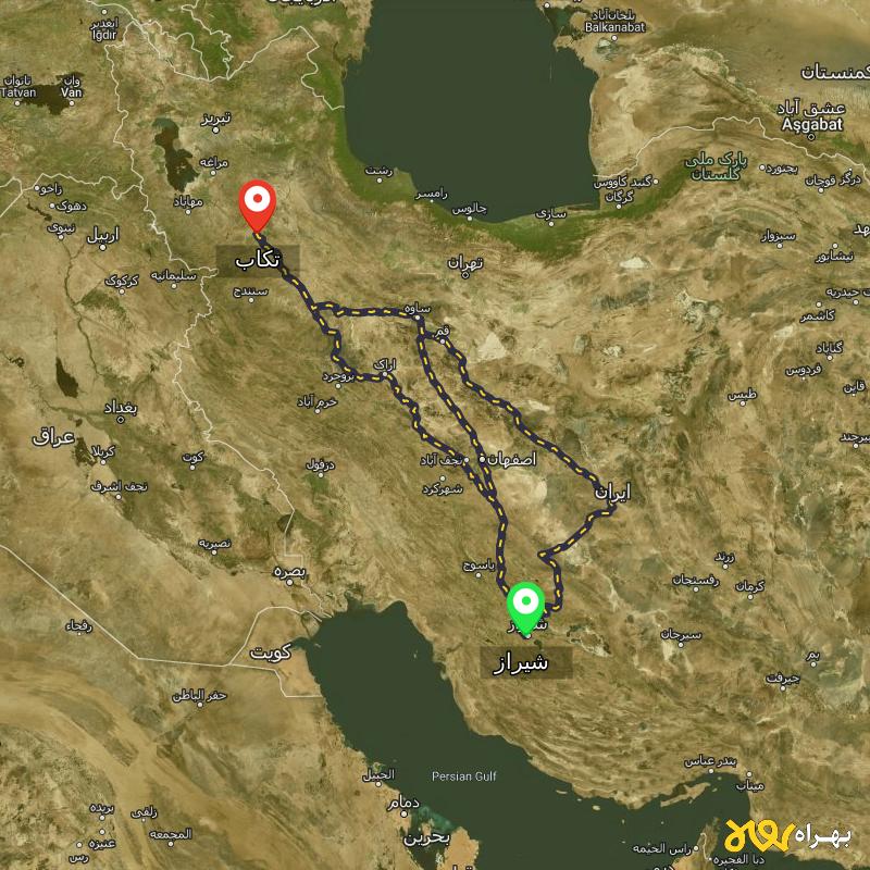 مسافت و فاصله تکاب - آذربایجان غربی تا شیراز از 3 مسیر - مسیریاب بهراه