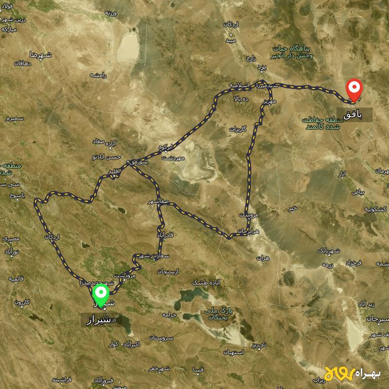 مسافت و فاصله بافق - یزد تا شیراز از ۳ مسیر - اردیبهشت ۱۴۰۳