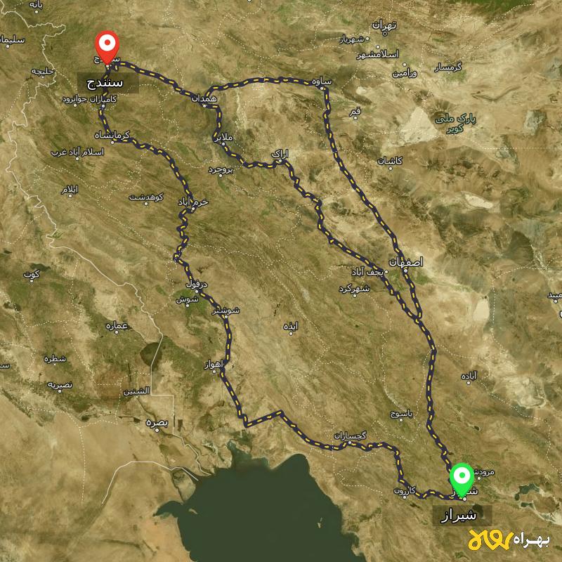 مسافت و فاصله سنندج تا شیراز از ۳ مسیر - اردیبهشت ۱۴۰۳