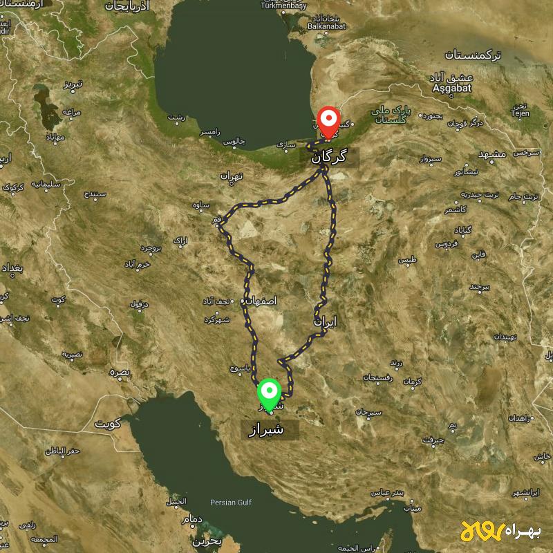 مسافت و فاصله گرگان تا شیراز از 2 مسیر - مسیریاب بهراه