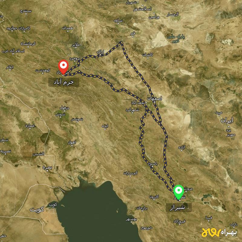 مسافت و فاصله خرم آباد تا شیراز از ۳ مسیر - اردیبهشت ۱۴۰۳