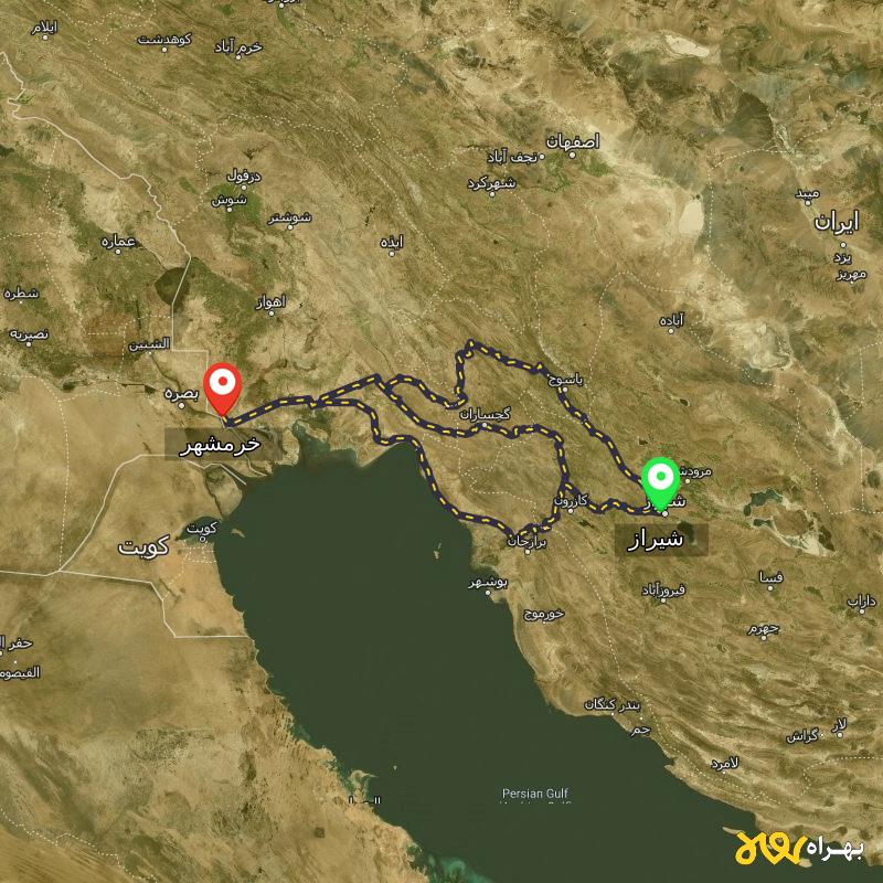 مسافت و فاصله خرمشهر - خوزستان تا شیراز از ۳ مسیر - اردیبهشت ۱۴۰۳