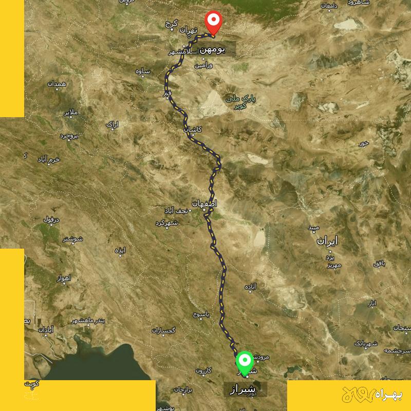 مسافت و فاصله بومهن - تهران تا شیراز - مرداد ۱۴۰۳