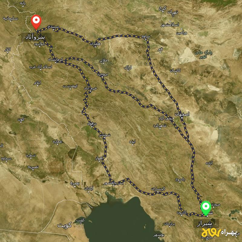 مسافت و فاصله سروآباد - کردستان تا شیراز از ۳ مسیر - بهمن ۱۴۰۳