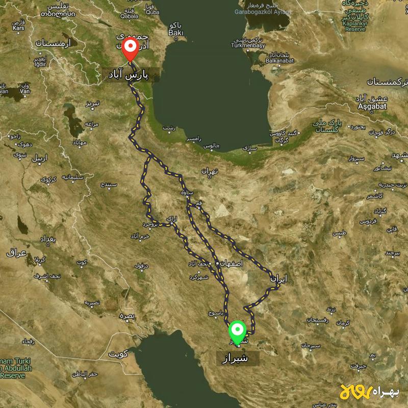 مسافت و فاصله پارس آباد تا شیراز از ۳ مسیر - اردیبهشت ۱۴۰۳