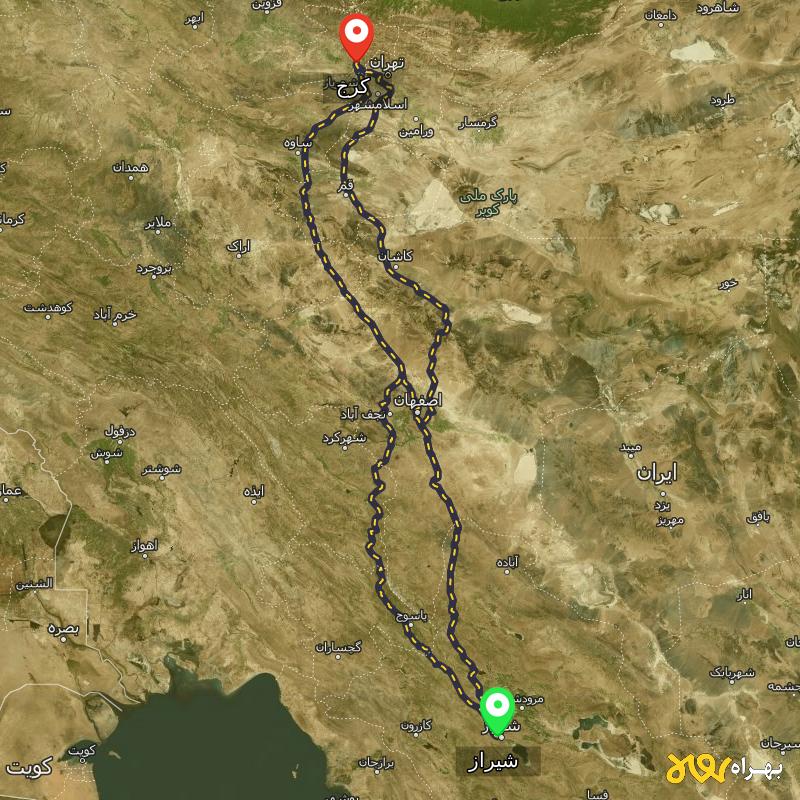 مسافت و فاصله کرج تا شیراز از ۳ مسیر - مرداد ۱۴۰۳