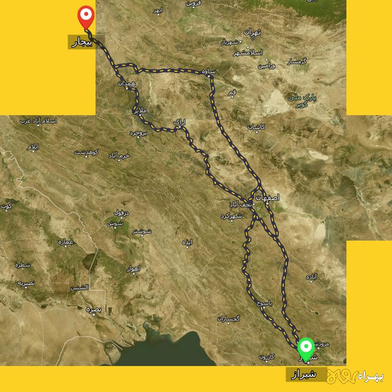 مسافت و فاصله بیجار - کردستان تا شیراز از 3 مسیر - مسیریاب بهراه