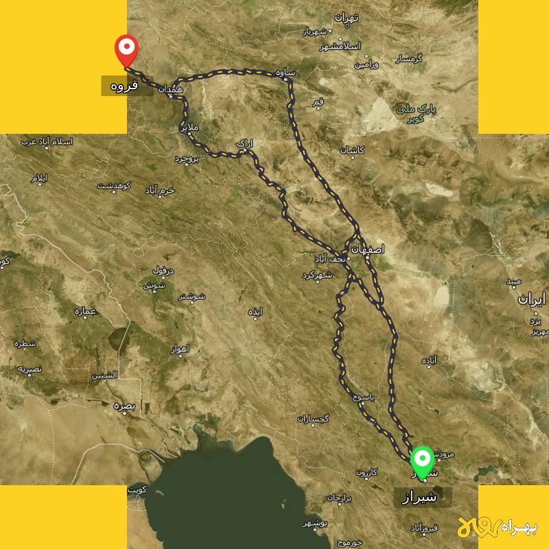 مسافت و فاصله قروه - کردستان تا شیراز از ۳ مسیر - اردیبهشت ۱۴۰۳