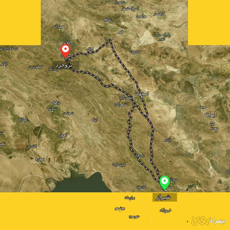 مسافت و فاصله بروجرد تا شیراز از ۳ مسیر - مرداد ۱۴۰۳