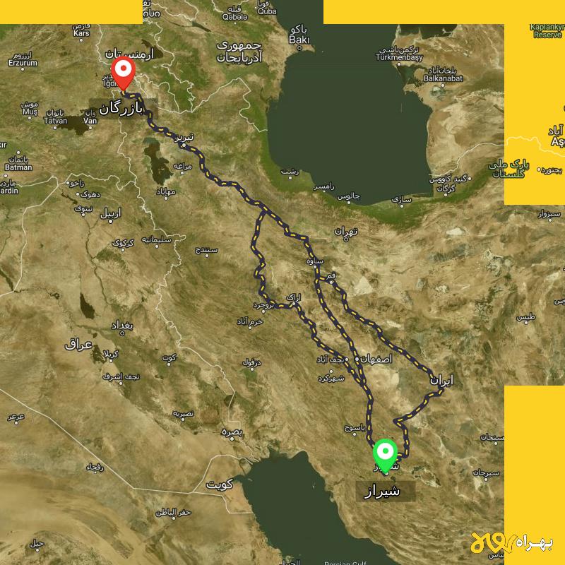 مسافت و فاصله بازرگان - آذربایجان غربی تا شیراز از ۳ مسیر - اردیبهشت ۱۴۰۳