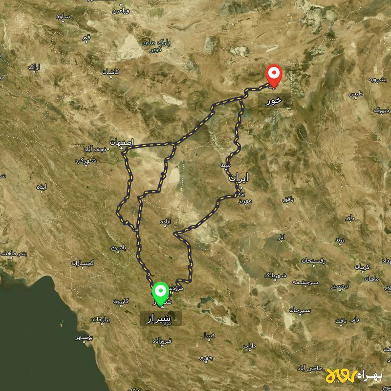 مسافت و فاصله خور - اصفهان تا شیراز از ۳ مسیر - آذر ۱۴۰۳