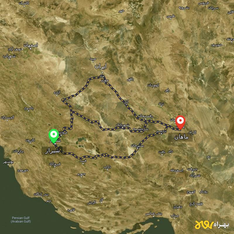 مسافت و فاصله ماهان - کرمان تا شیراز از ۳ مسیر - اردیبهشت ۱۴۰۳