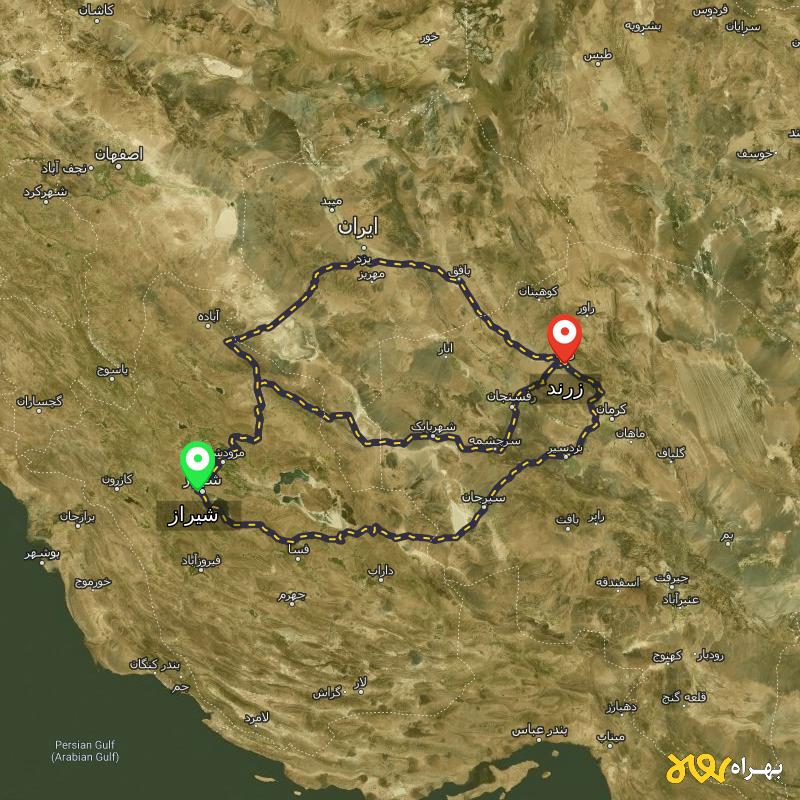 مسافت و فاصله زرند - کرمان تا شیراز از ۳ مسیر - اردیبهشت ۱۴۰۳