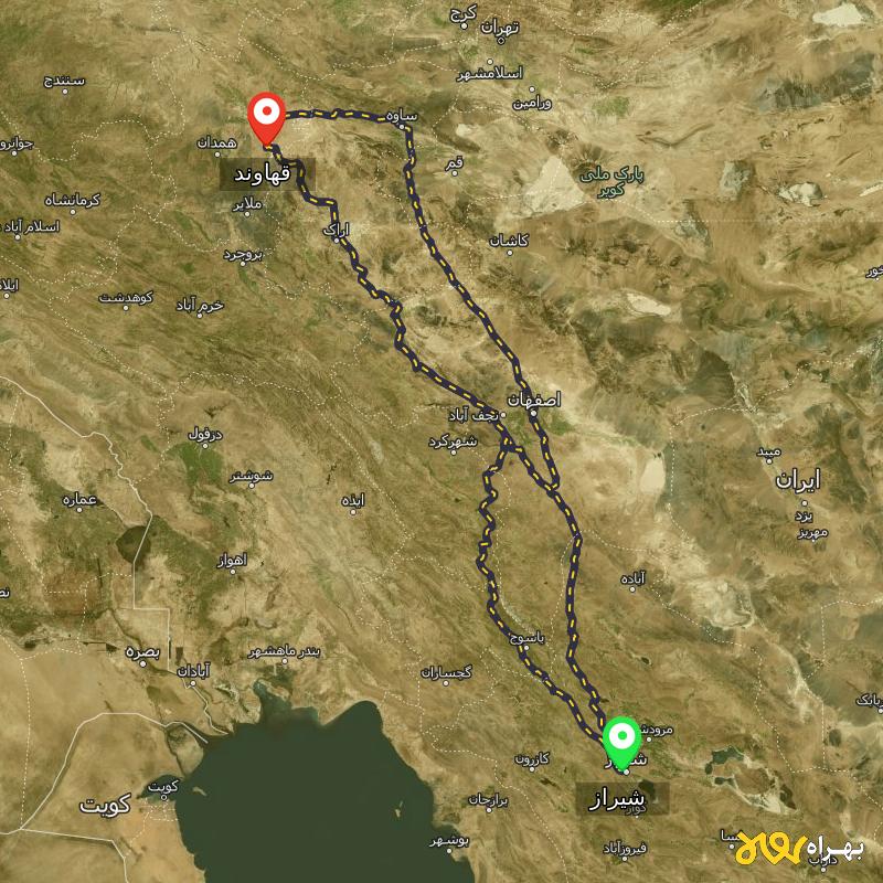 مسافت و فاصله قهاوند - همدان تا شیراز از ۳ مسیر - اردیبهشت ۱۴۰۳