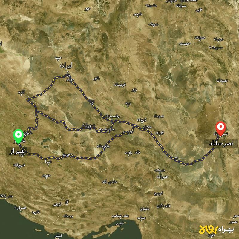 مسافت و فاصله نصرت‌آباد - سیستان و بلوچستان تا شیراز از ۳ مسیر - آذر ۱۴۰۳