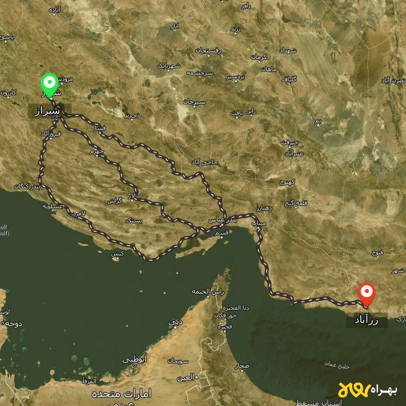 مسافت و فاصله زرآباد - سیستان و بلوچستان تا شیراز از ۳ مسیر - بهمن ۱۴۰۳