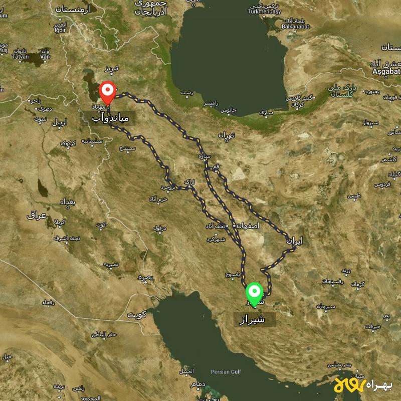 مسافت و فاصله میاندوآب - آذربایجان غربی تا شیراز از 3 مسیر - مسیریاب بهراه