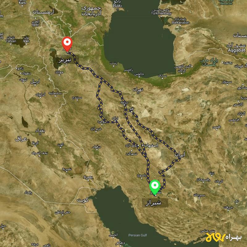 مسافت و فاصله تبریز تا شیراز از ۳ مسیر - اردیبهشت ۱۴۰۳