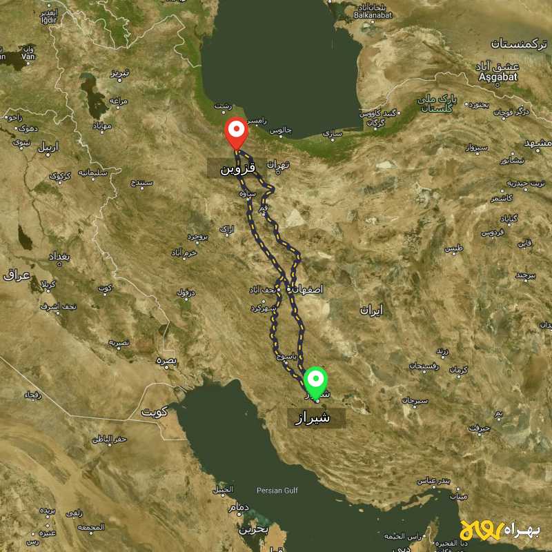 مسافت و فاصله قزوین تا شیراز از ۳ مسیر - مرداد ۱۴۰۳