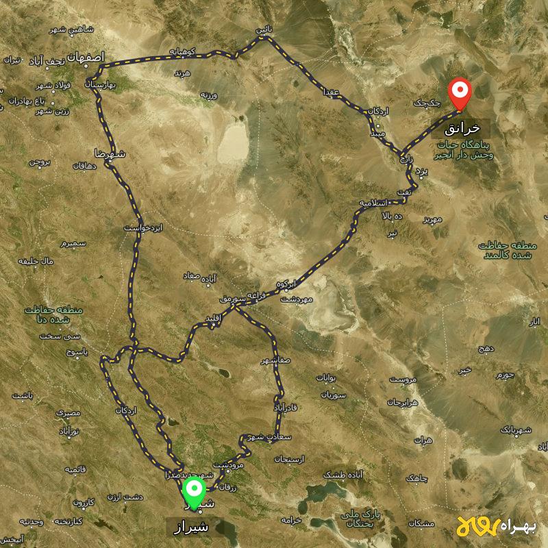 مسافت و فاصله خرانق - یزد تا شیراز از ۳ مسیر - مرداد ۱۴۰۳