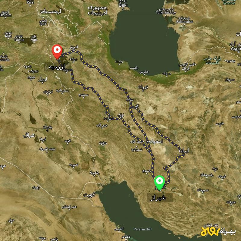 مسافت و فاصله ارومیه تا شیراز از ۳ مسیر - اردیبهشت ۱۴۰۳
