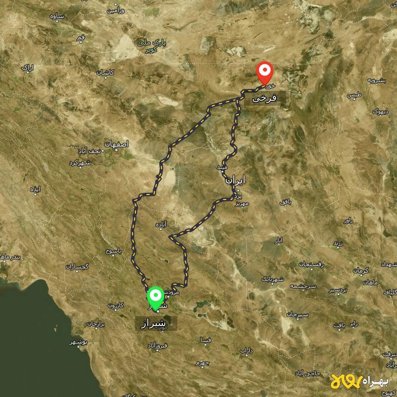 مسافت و فاصله فرخی - اصفهان تا شیراز از ۲ مسیر - آذر ۱۴۰۳