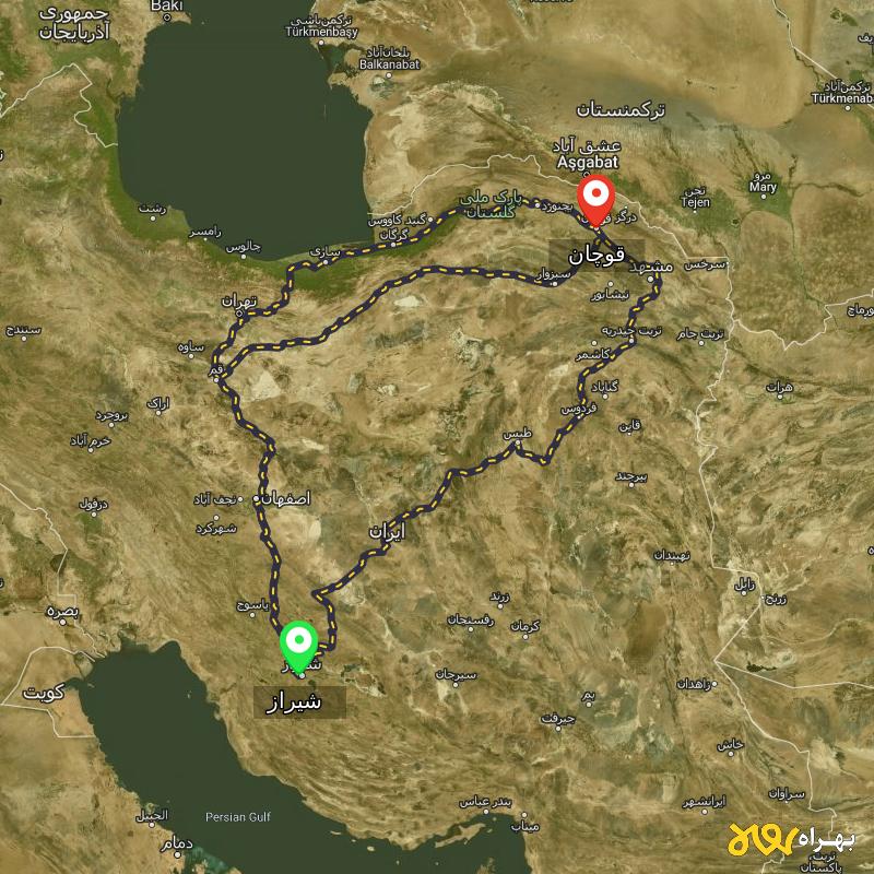 مسافت و فاصله قوچان - خراسان رضوی تا شیراز از ۳ مسیر - اردیبهشت ۱۴۰۳
