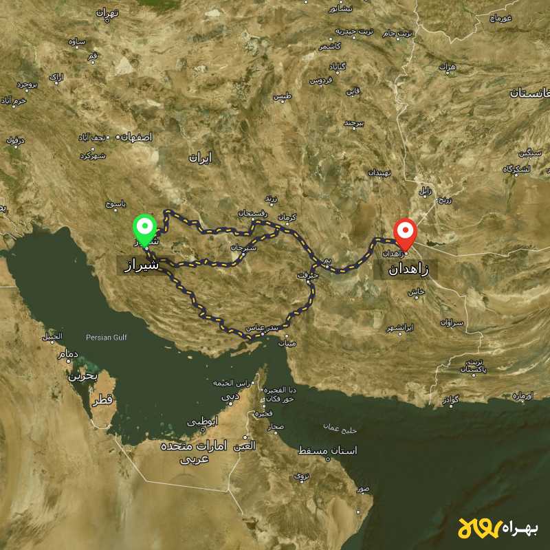 مسافت و فاصله زاهدان تا شیراز از 3 مسیر - مسیریاب بهراه