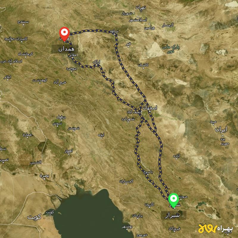 مسافت و فاصله همدان تا شیراز از 3 مسیر - مسیریاب بهراه