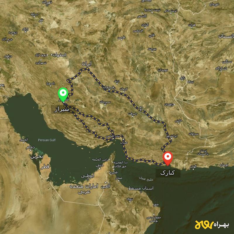 مسافت و فاصله کنارک - سیستان و بلوچستان تا شیراز از ۳ مسیر - اردیبهشت ۱۴۰۳
