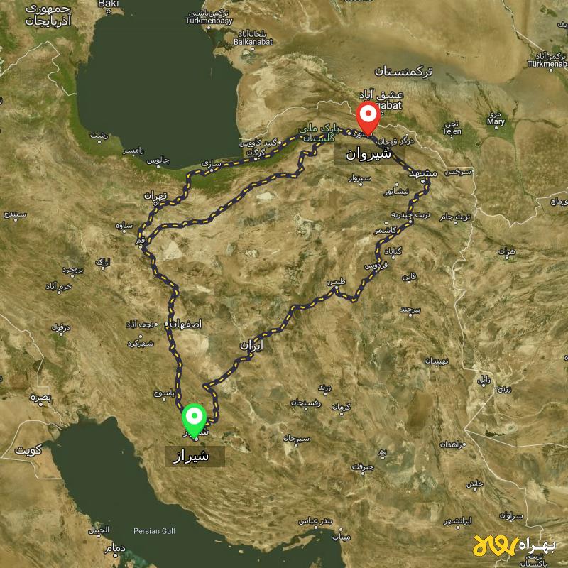 مسافت و فاصله شیروان - خراسان شمالی تا شیراز از 3 مسیر - مسیریاب بهراه