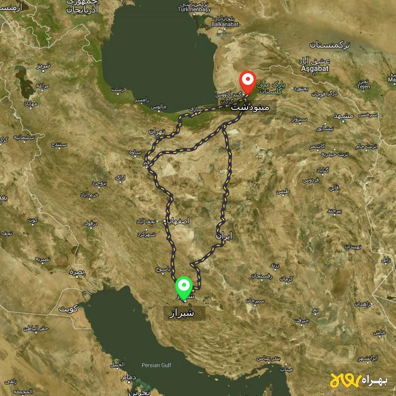 مسافت و فاصله مینودشت - گلستان تا شیراز از ۳ مسیر - شهریور ۱۴۰۳