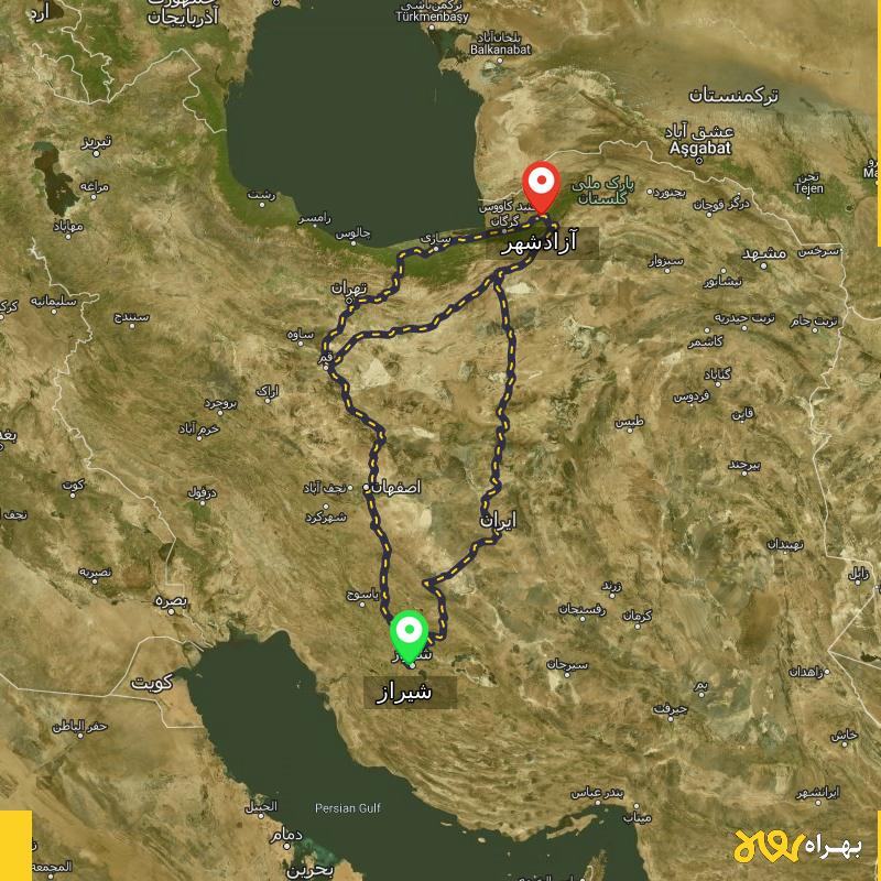 مسافت و فاصله آزادشهر - گلستان تا شیراز از ۳ مسیر - دی ۱۴۰۳