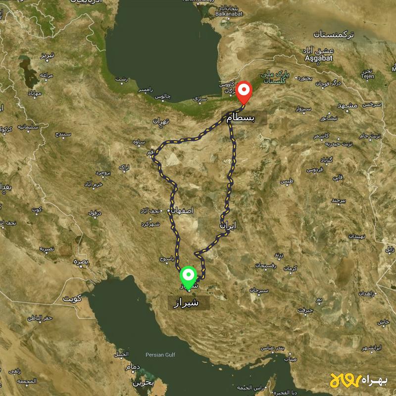 مسافت و فاصله بسطام - سمنان تا شیراز از ۲ مسیر - آذر ۱۴۰۳