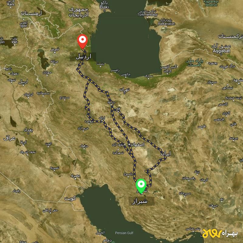 مسافت و فاصله اردبیل تا شیراز از 3 مسیر - مسیریاب بهراه