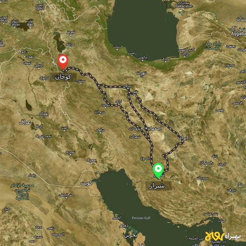 مسافت و فاصله کوخان - کردستان تا شیراز از ۳ مسیر - مرداد ۱۴۰۳