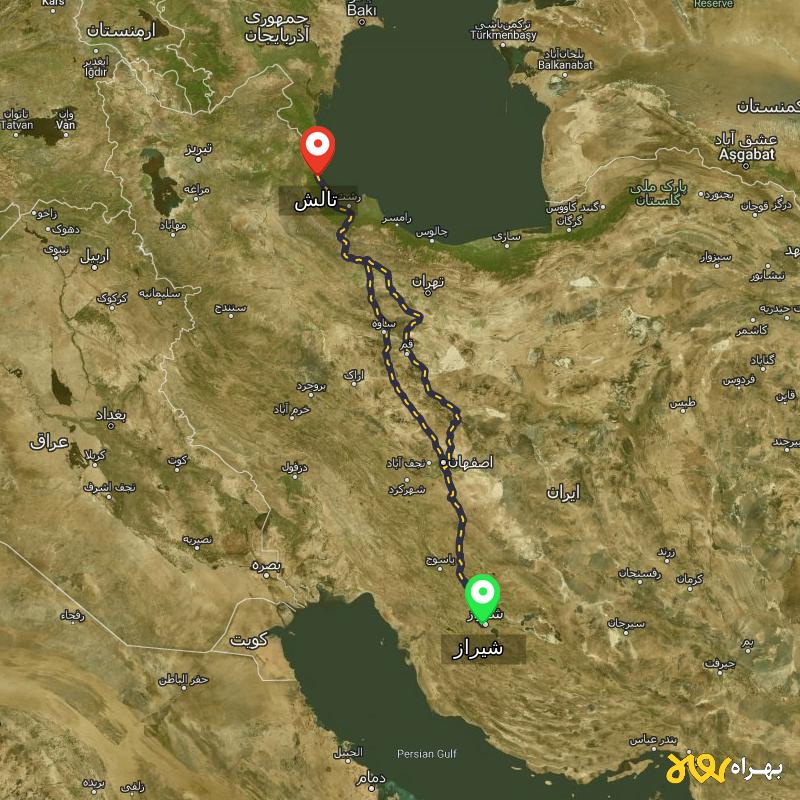 مسافت و فاصله تالش - گیلان تا شیراز از ۲ مسیر - اردیبهشت ۱۴۰۳