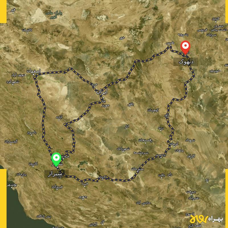 مسافت و فاصله دیهوک - خراسان جنوبی تا شیراز از ۳ مسیر - آذر ۱۴۰۳