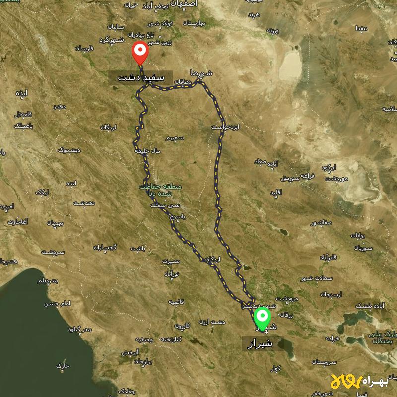 مسافت و فاصله سفید دشت - چهارمحال و بختیاری تا شیراز از ۲ مسیر - آذر ۱۴۰۳