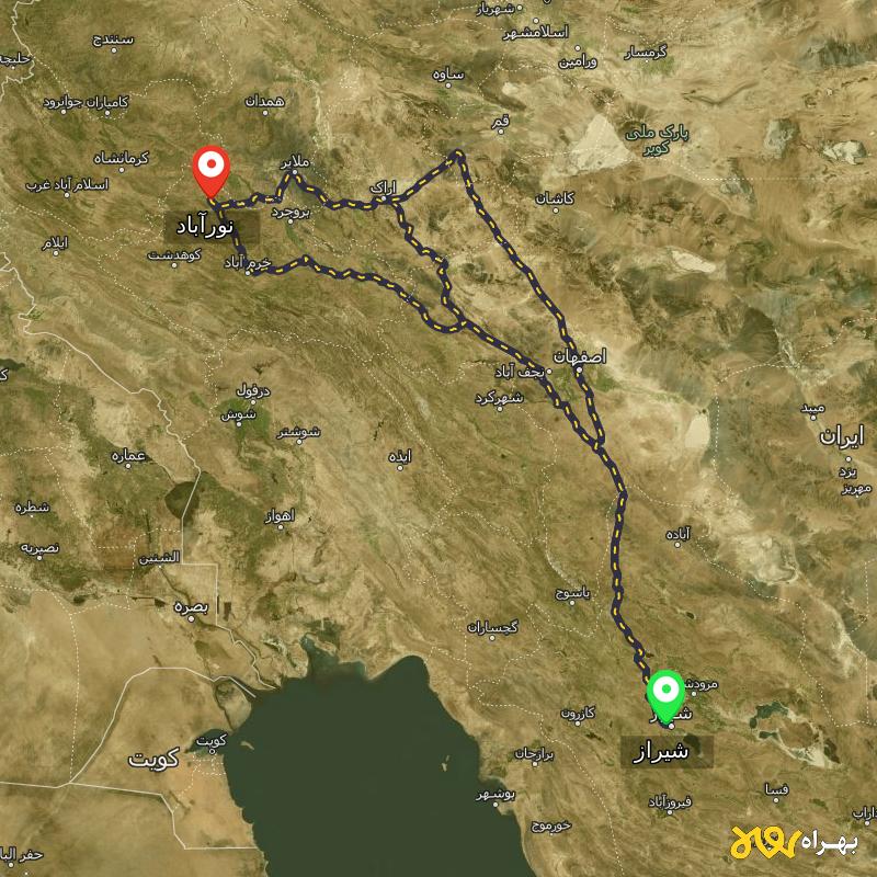 مسافت و فاصله نورآباد - لرستان تا شیراز از ۳ مسیر - اردیبهشت ۱۴۰۳
