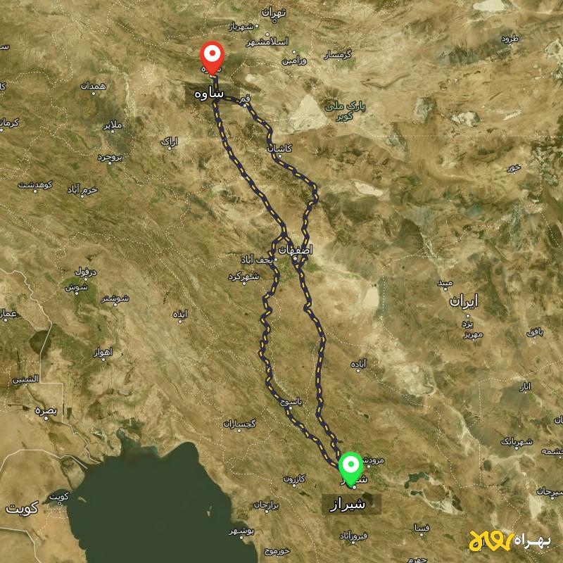 مسافت و فاصله ساوه تا شیراز از ۳ مسیر - مرداد ۱۴۰۳