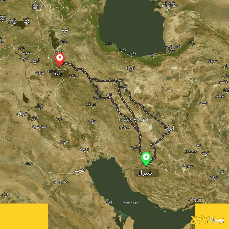مسافت و فاصله بانه - کردستان تا شیراز از ۳ مسیر - اردیبهشت ۱۴۰۳