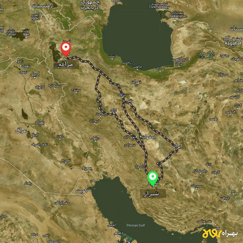 مسافت و فاصله مراغه - آذربایجان شرقی تا شیراز از ۳ مسیر - اردیبهشت ۱۴۰۳
