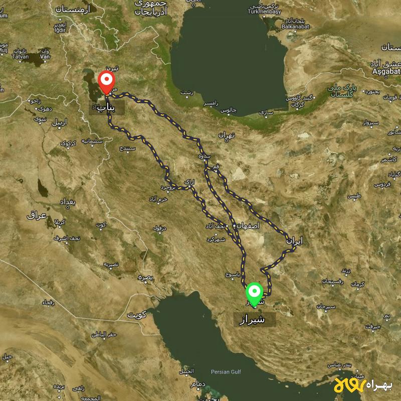 مسافت و فاصله بناب - آذربایجان شرقی تا شیراز از ۳ مسیر - آبان ۱۴۰۳