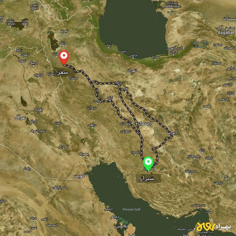 مسافت و فاصله سقز - کردستان تا شیراز از ۳ مسیر - مرداد ۱۴۰۳
