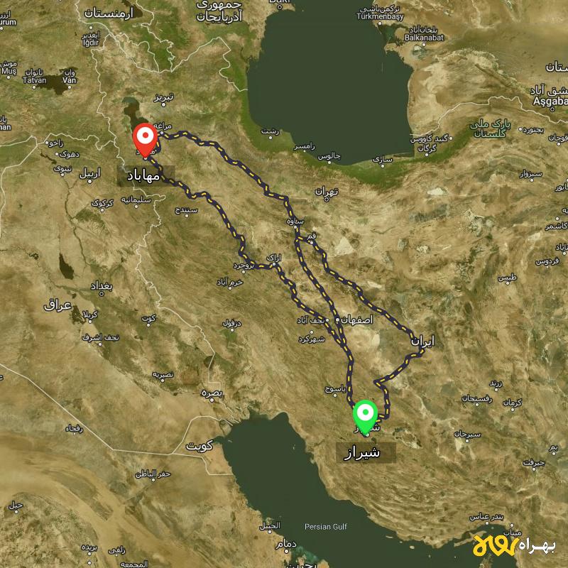 مسافت و فاصله مهاباد - آذربایجان غربی تا شیراز از ۳ مسیر - اردیبهشت ۱۴۰۳