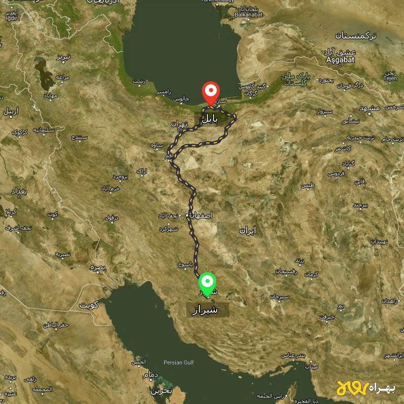 مسافت و فاصله بابل تا شیراز از 2 مسیر - مسیریاب بهراه
