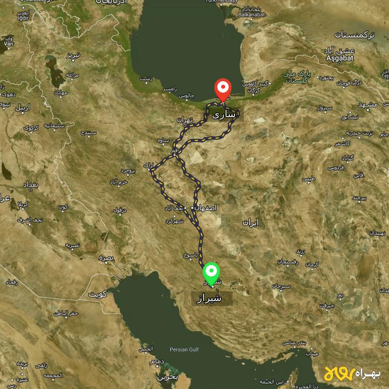 مسافت و فاصله ساری تا شیراز از ۳ مسیر - مرداد ۱۴۰۳