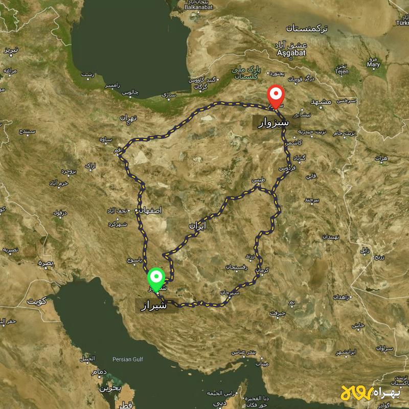 مسافت و فاصله سبزوار تا شیراز از 3 مسیر - مسیریاب بهراه