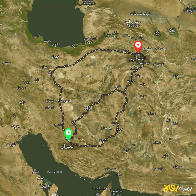 مسافت و فاصله نیشابور تا شیراز از 3 مسیر - مسیریاب بهراه